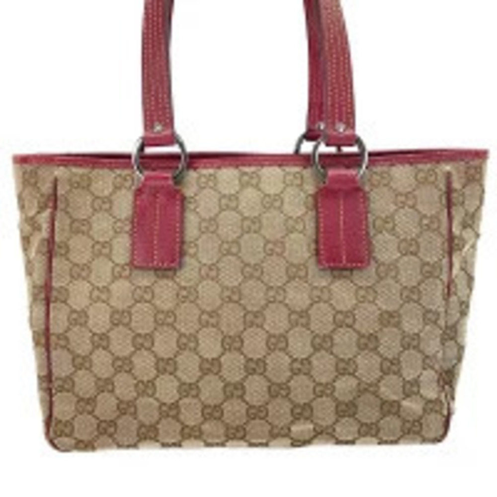 Gucci GG canvas tote bag in beige burgundy leather Red